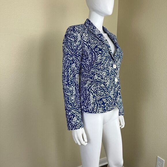 Talbots Womens Size 2 Blue Pasiley Cotton Double Breasted Blazer Jacket Nautical - Picture 8 of 15